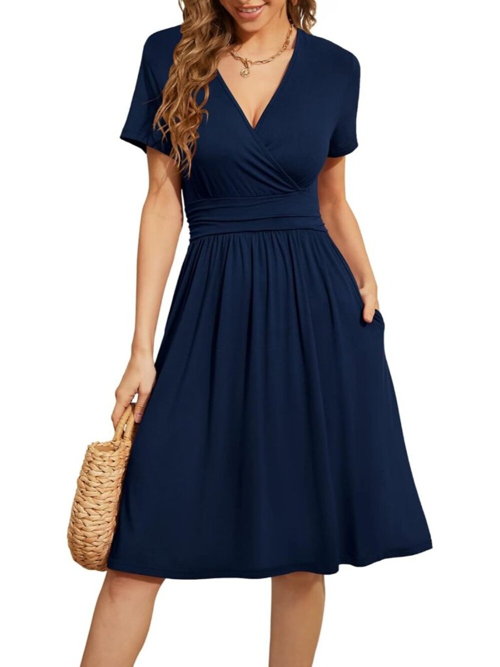 Women's Navy Summer Short Sleeve Casual V-Neck Floral Party Dress with Pocket